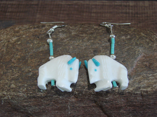 Native American Hand Carved Buffalo Fetish Heishi Dangle Earrings by Etsate