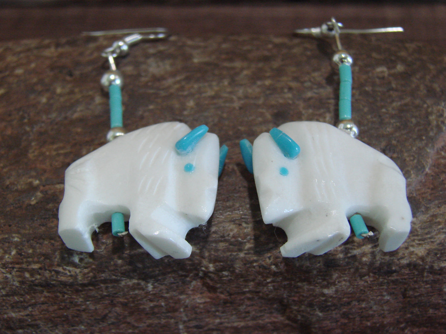 Native American Hand Carved Buffalo Fetish Heishi Dangle Earrings by Etsate
