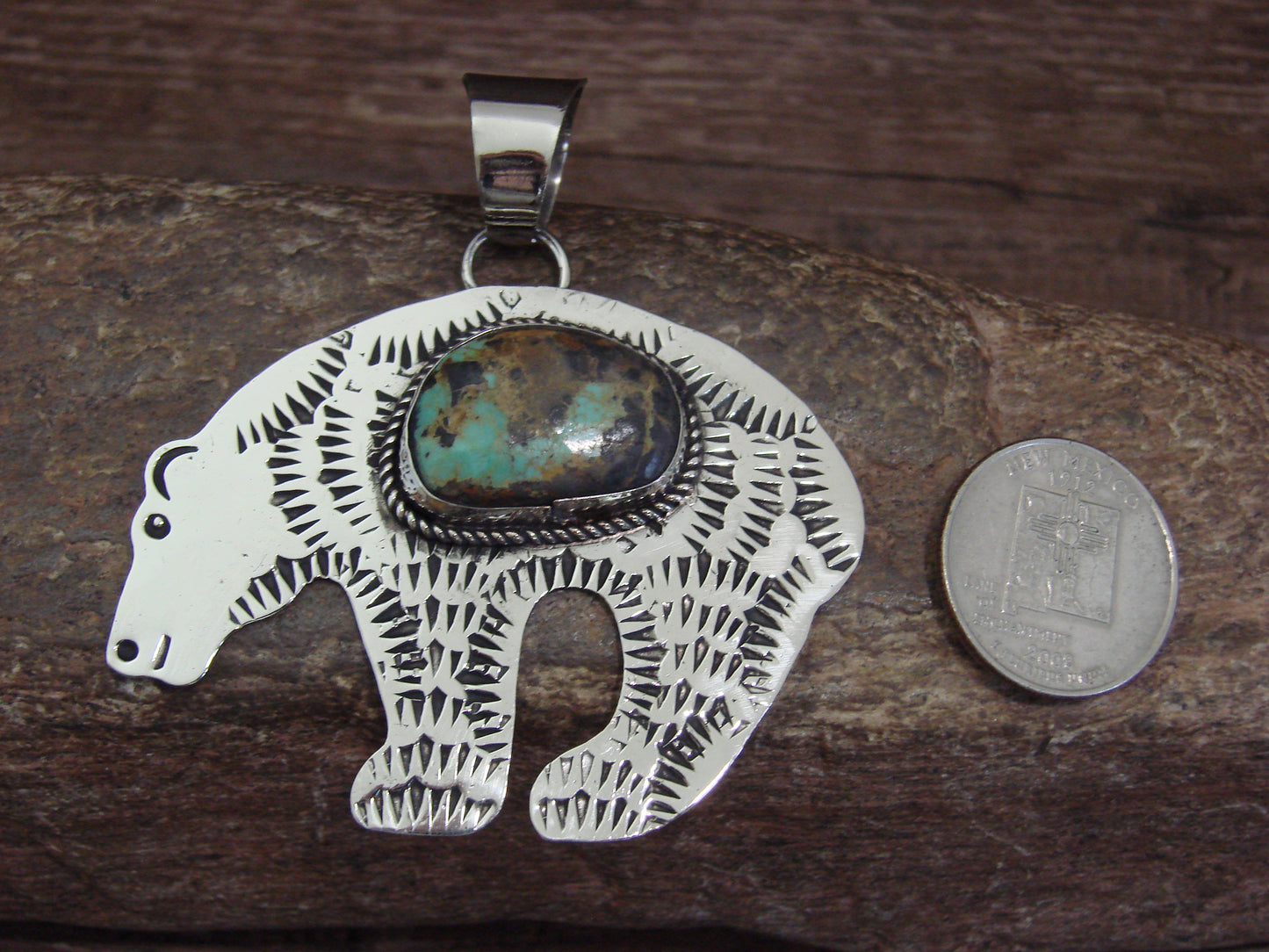 Native American Nickel Silver & Turquoise Bear Pendant - Cleveland