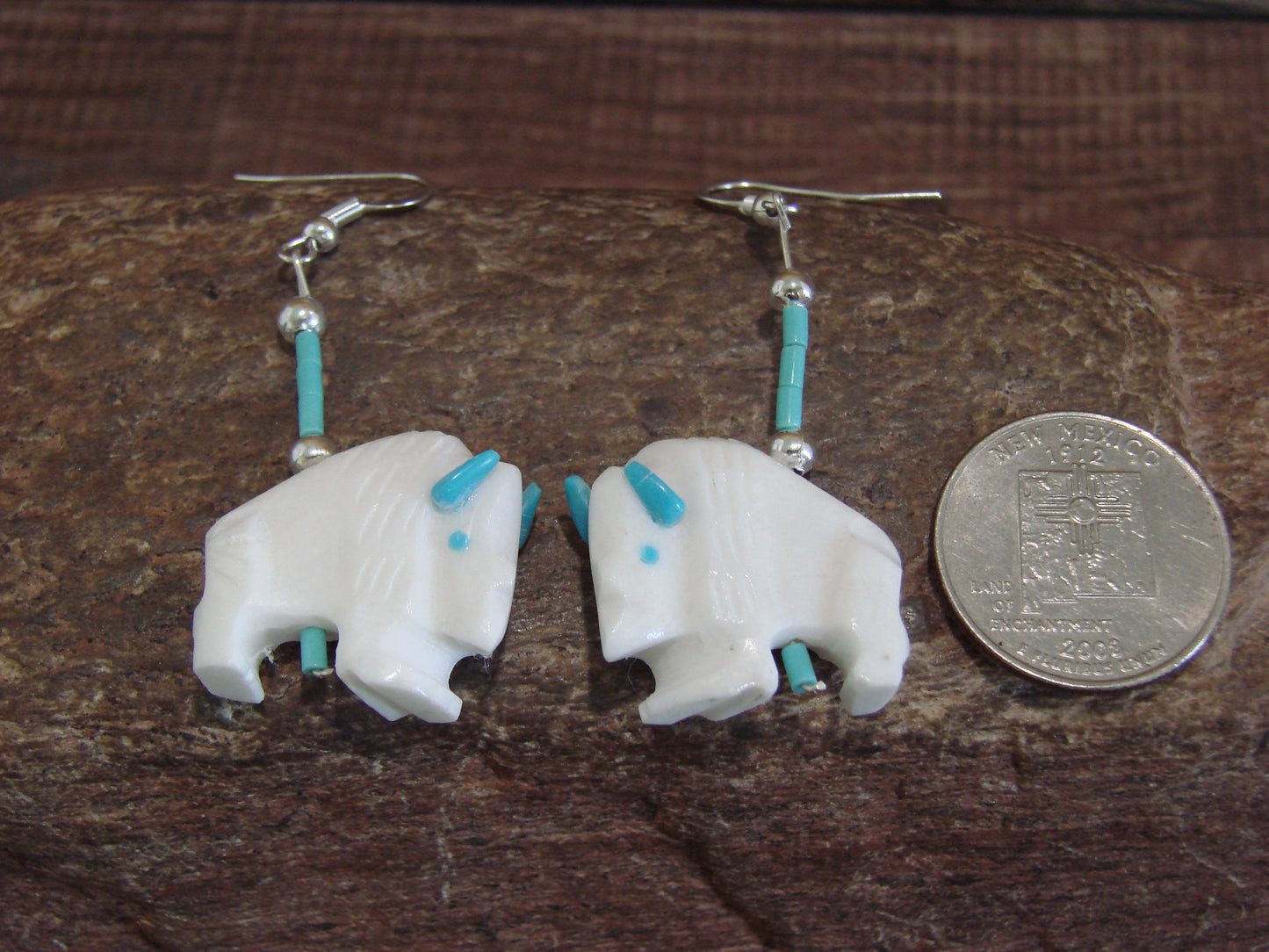 Native American Hand Carved Buffalo Fetish Heishi Dangle Earrings by Etsate