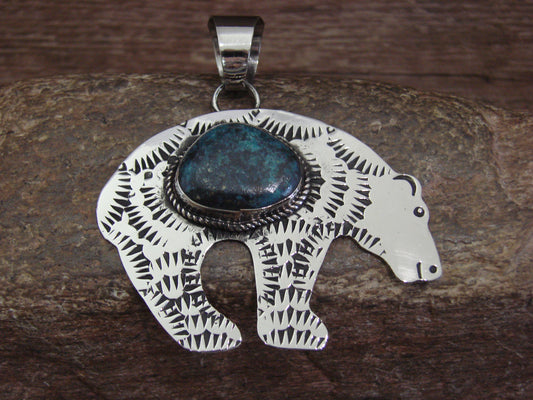 Native American Nickel Silver & Turquoise Bear Pendant - Cleveland