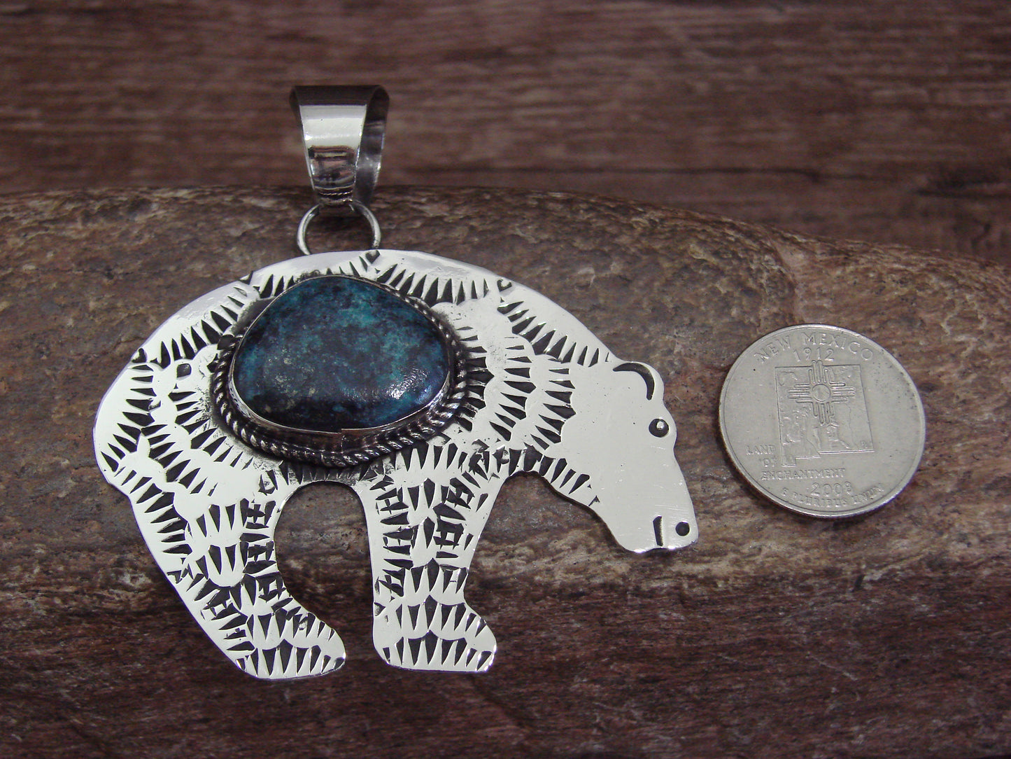 Native American Nickel Silver & Turquoise Bear Pendant - Cleveland