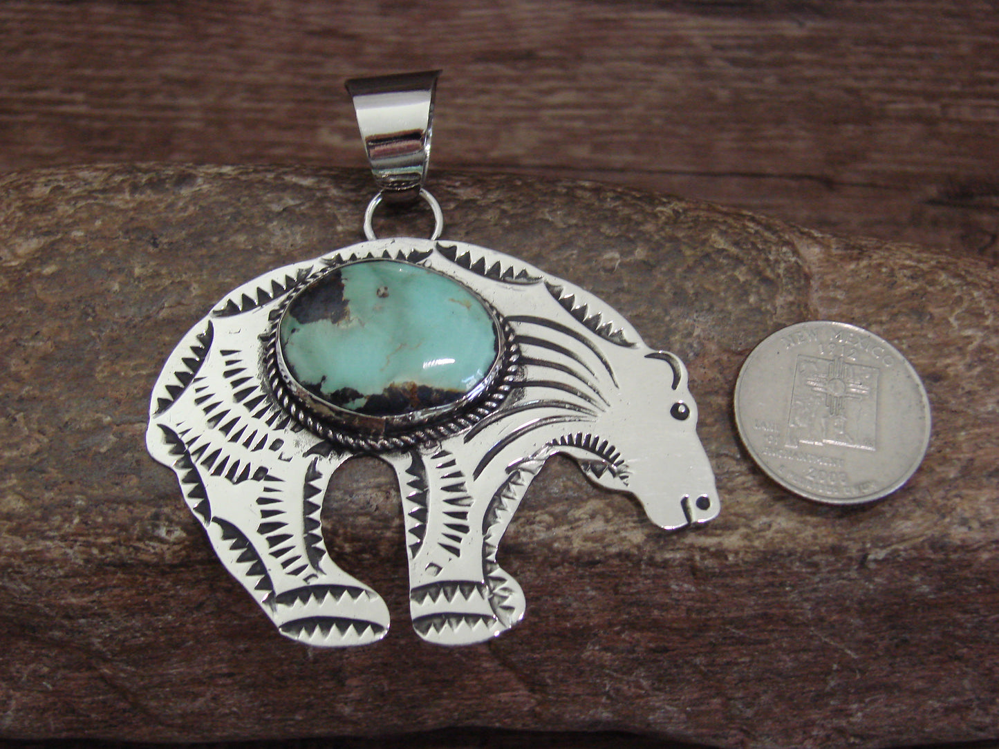 Native American Nickel Silver & Turquoise Bear Pendant - Cleveland