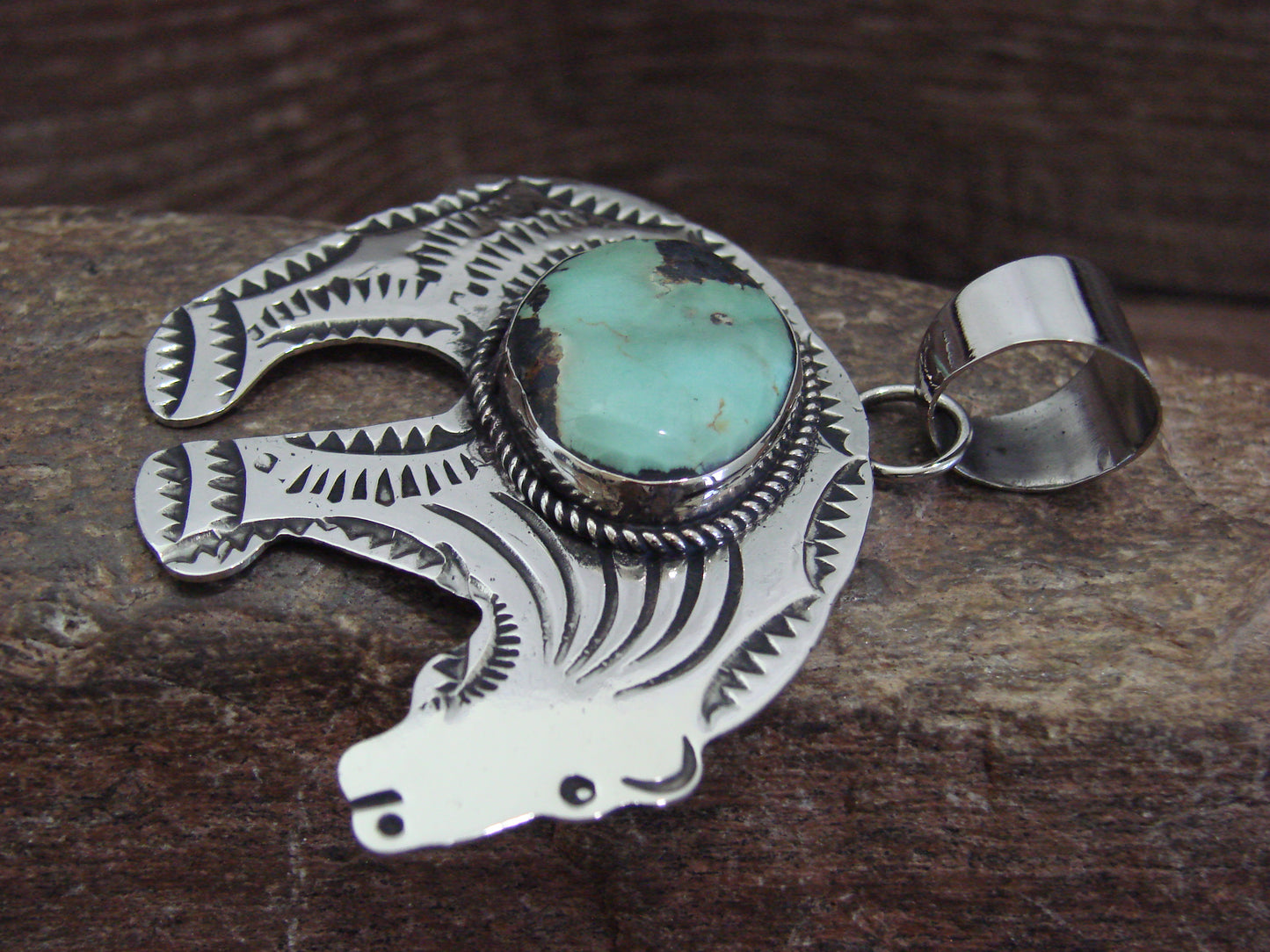 Native American Nickel Silver & Turquoise Bear Pendant - Cleveland