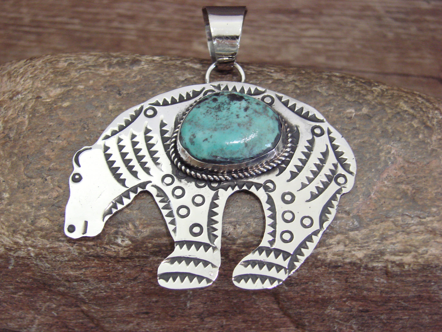 Native American Nickel Silver & Turquoise Bear Pendant - Cleveland