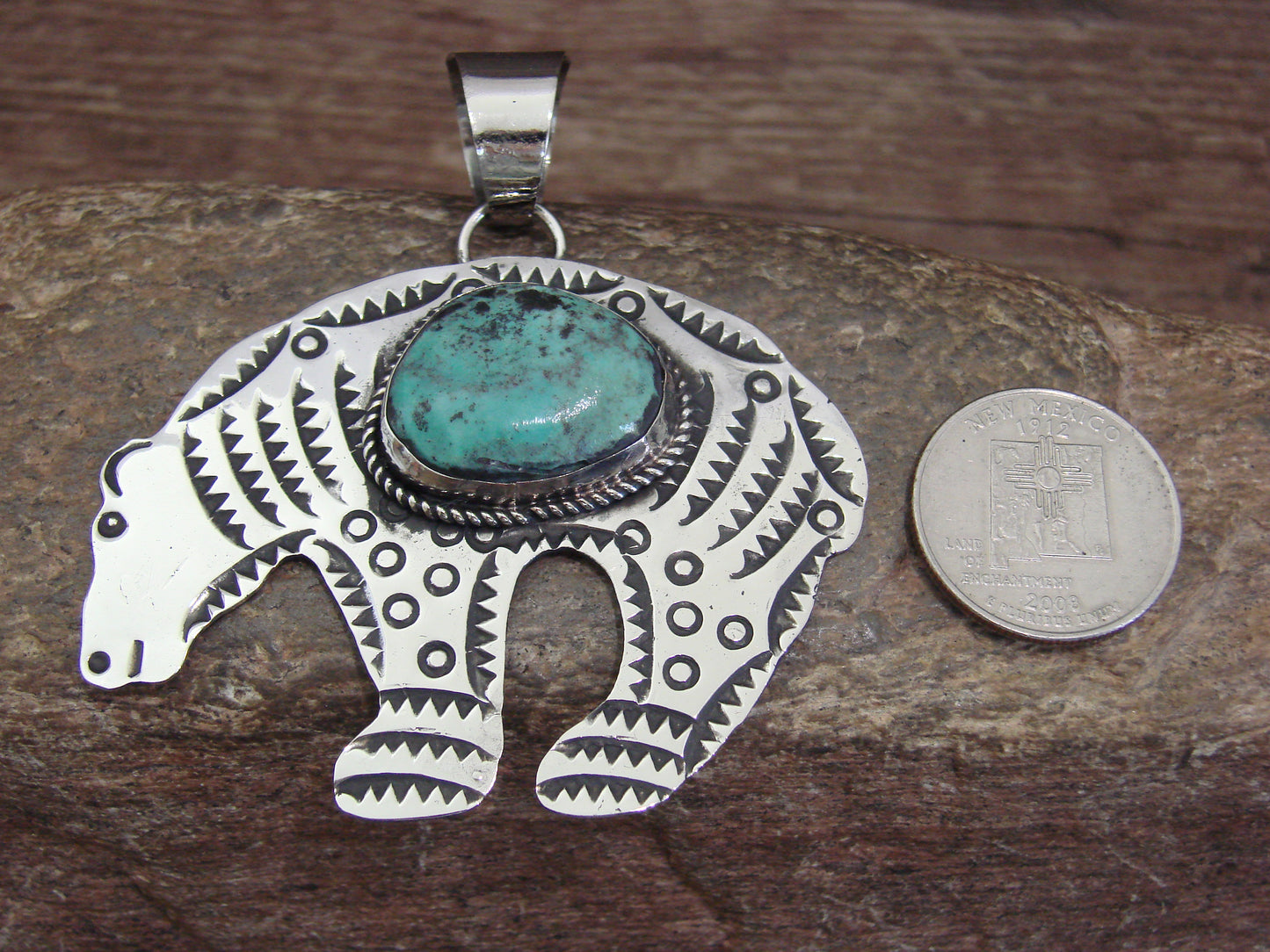Native American Nickel Silver & Turquoise Bear Pendant - Cleveland