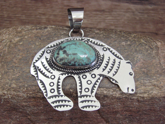 Native American Nickel Silver & Turquoise Bear Pendant - Cleveland