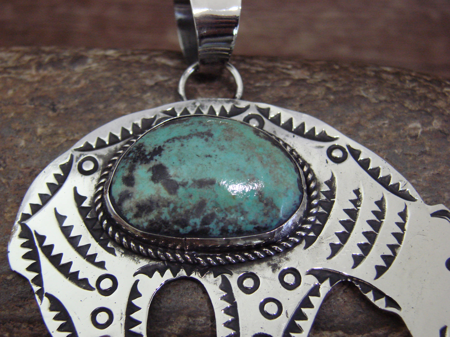 Native American Nickel Silver & Turquoise Bear Pendant - Cleveland
