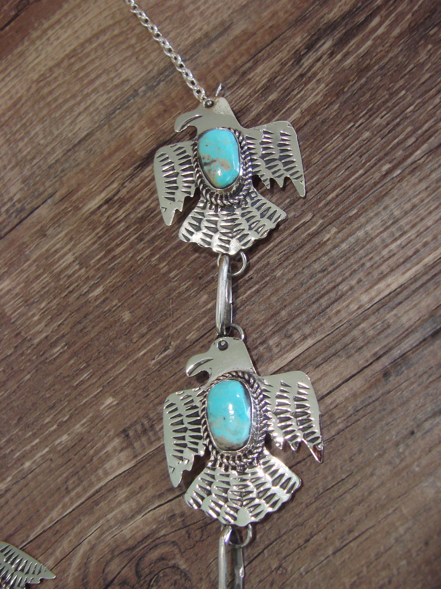 Native American Nickel Silver & Turquoise Bird Link Necklace by Cleveland