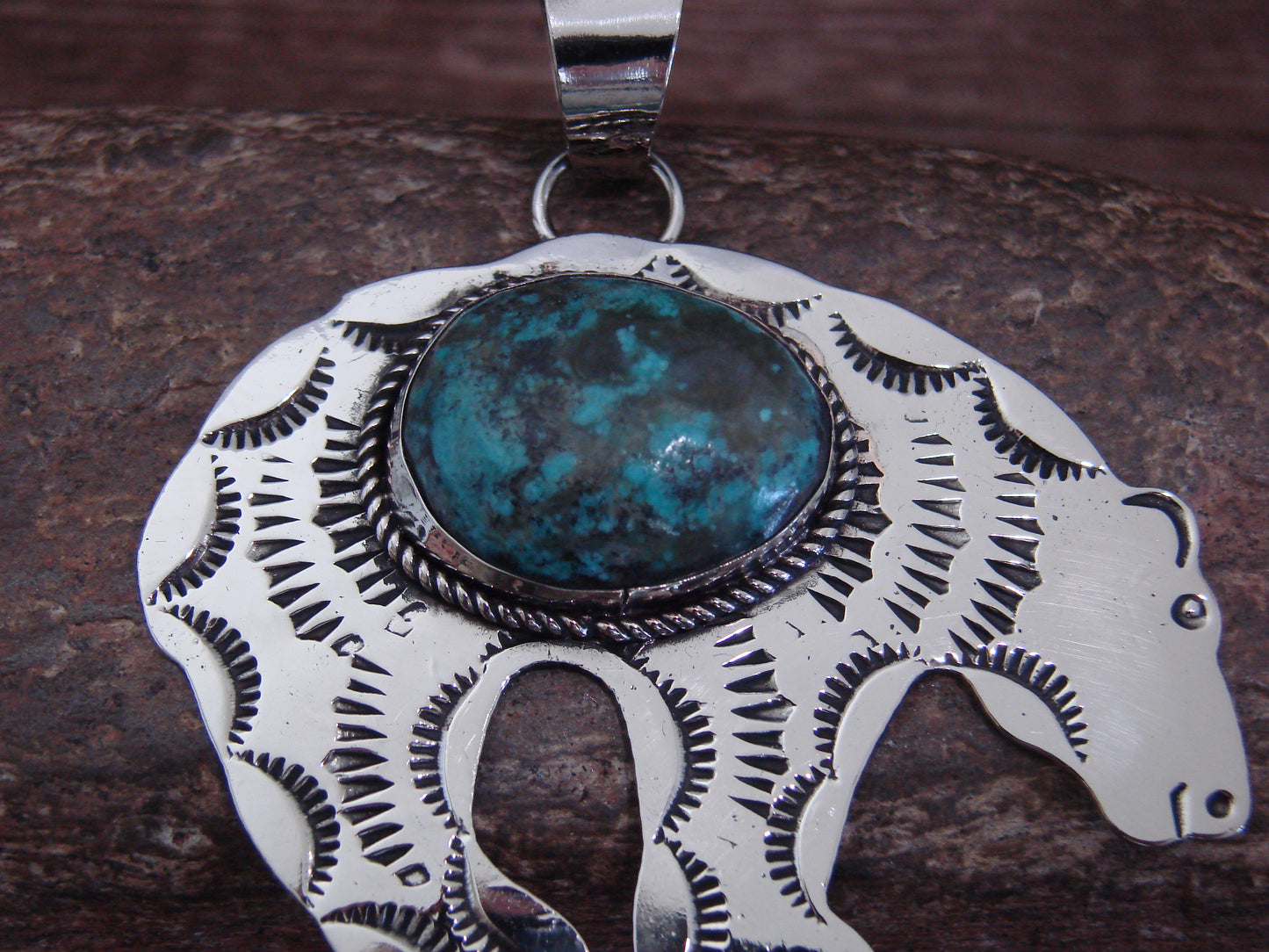 Native American Nickel Silver & Turquoise Bear Pendant - Cleveland
