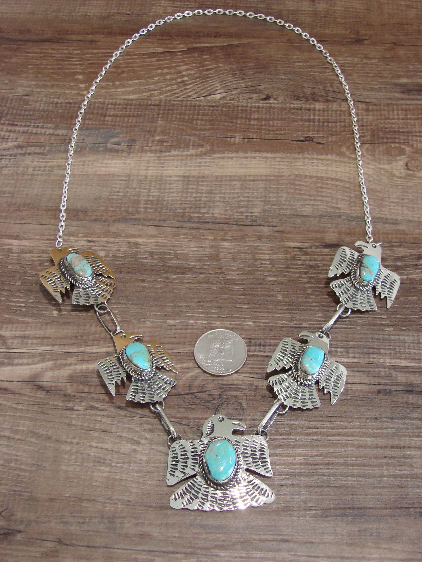 Native American Nickel Silver & Turquoise Bird Link Necklace by Cleveland