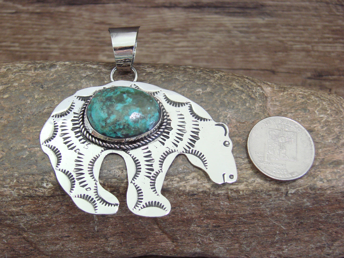 Native American Nickel Silver & Turquoise Bear Pendant - Cleveland