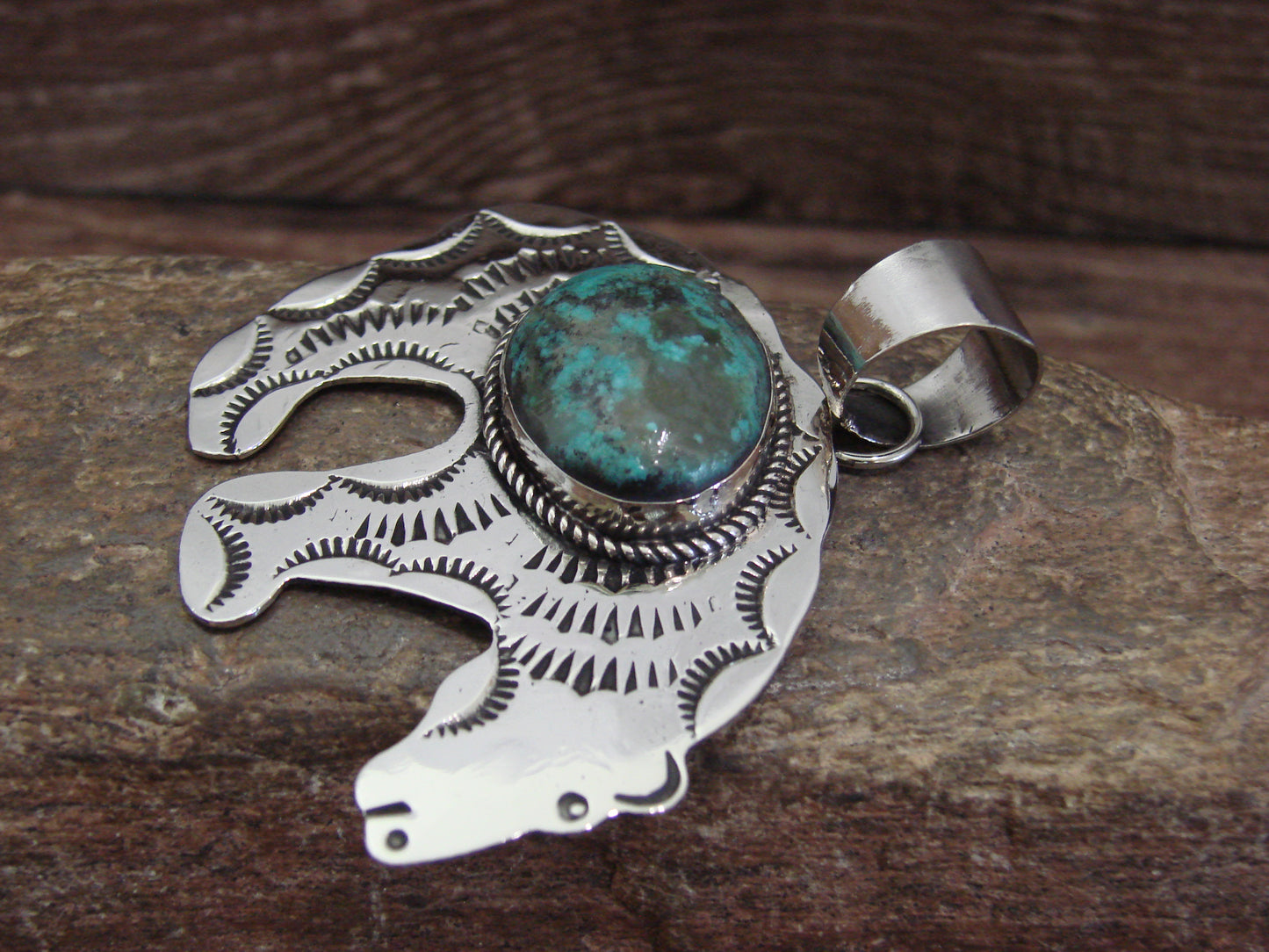 Native American Nickel Silver & Turquoise Bear Pendant - Cleveland