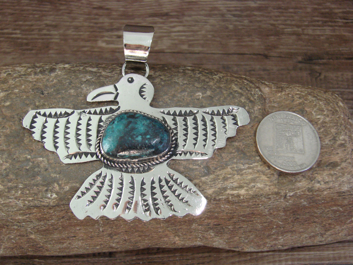 Native American Nickel Silver & Turquoise Eagle Pendant - Cleveland