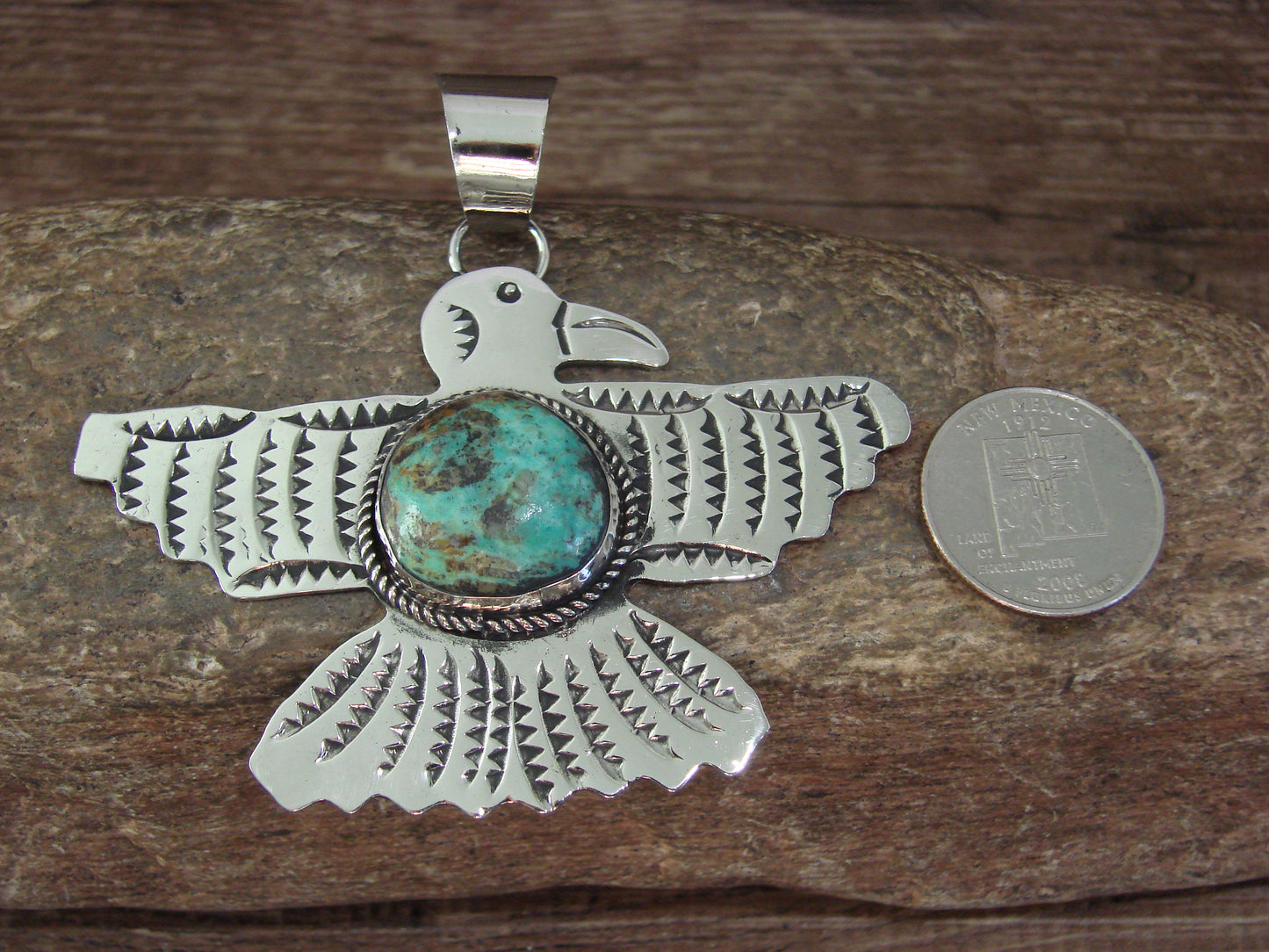 Native American Nickel Silver & Turquoise Eagle Pendant - Cleveland
