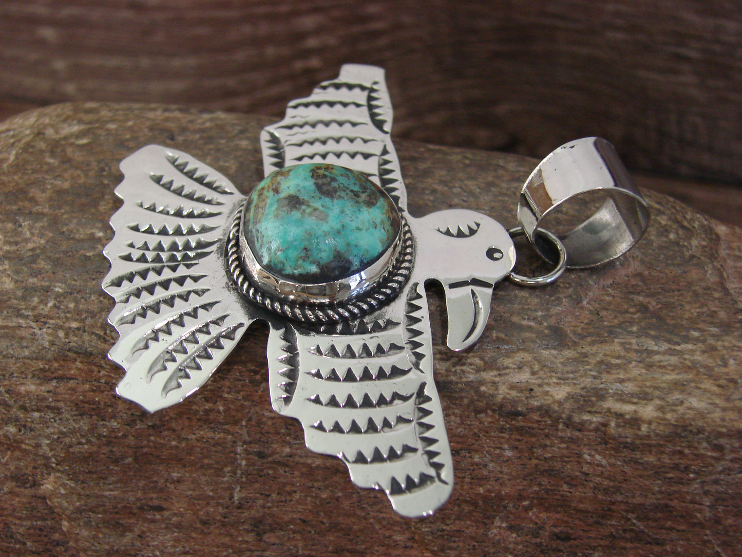 Native American Nickel Silver & Turquoise Eagle Pendant - Cleveland
