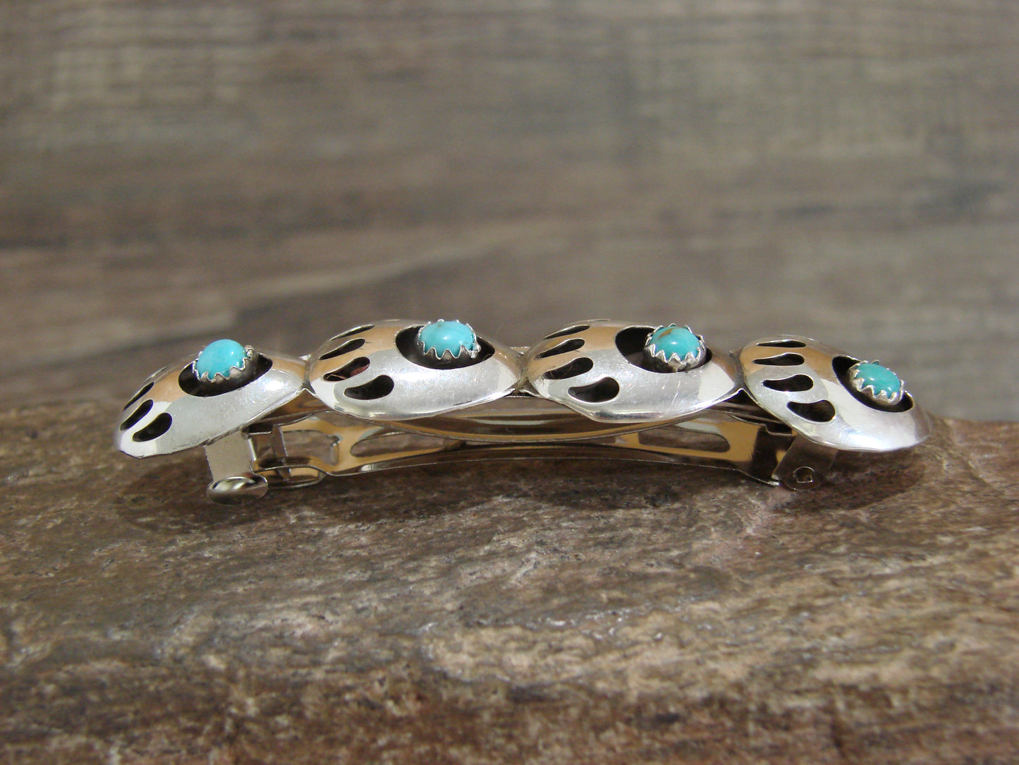Native American Sterling Silver Turquoise Bear Paw Hair Barrette by Leta Parker