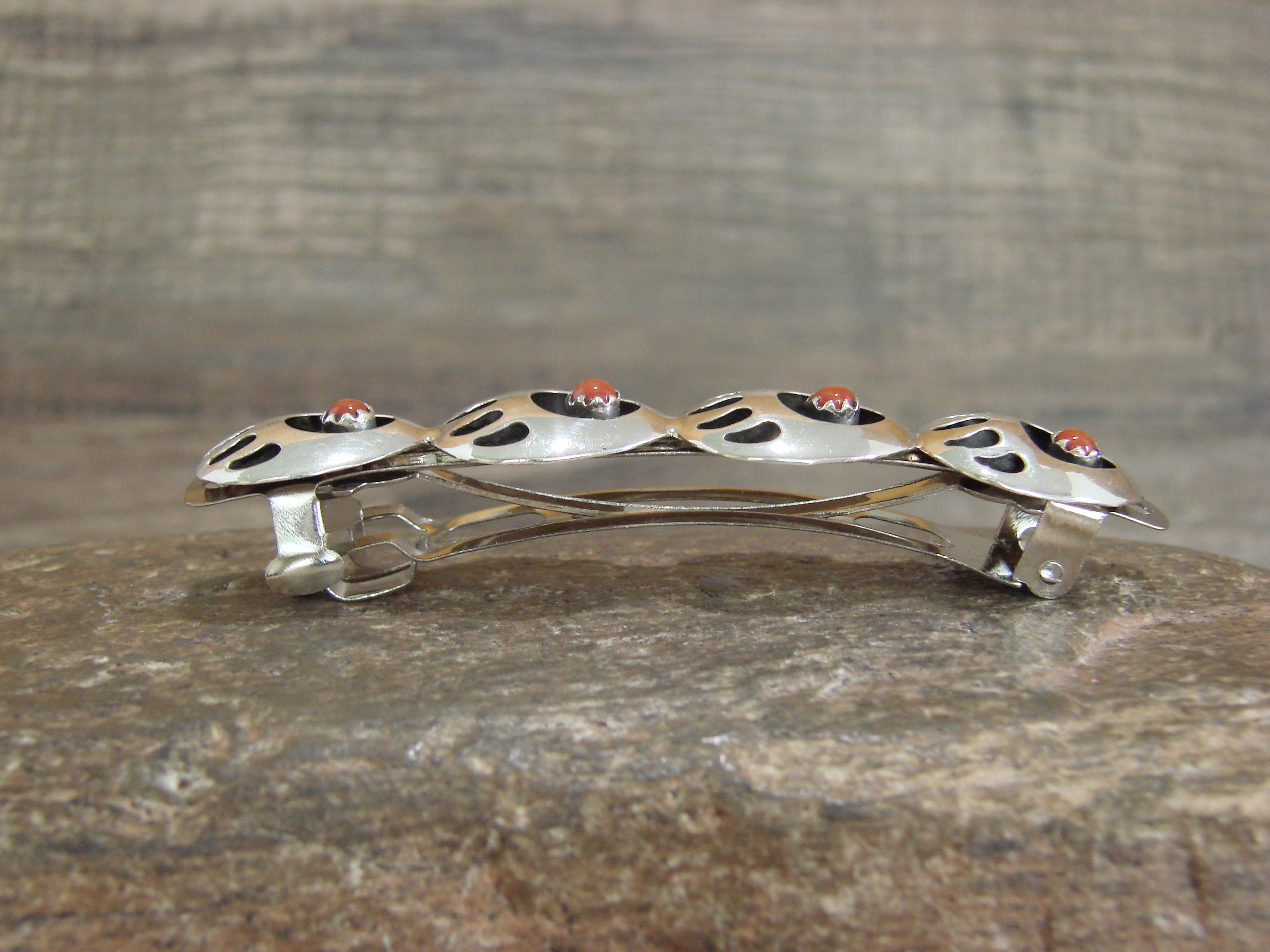 Native American Bear Paw Barrette Native American Sterling Silver Coral Bear Paw Hair Barrette  main image 3
