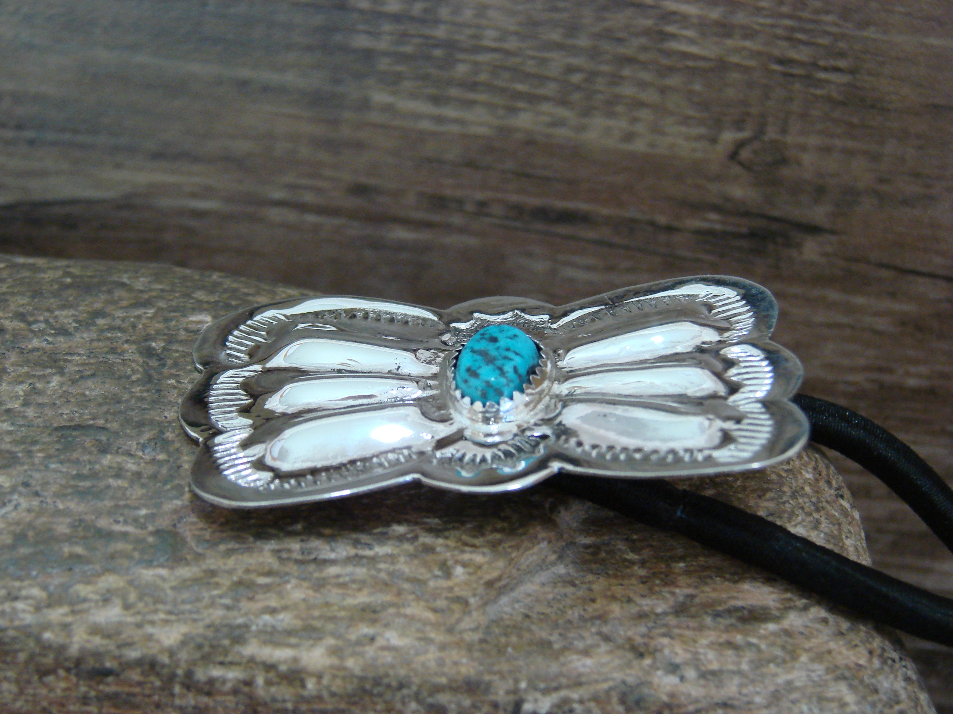 Native American Sterling Silver & Turquoise Concho Hair Tie  display picture 2