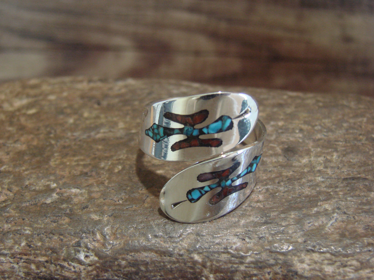 Chip Inlay Method Turquoise Navajo Adjustable Sterling Silver Turquoise & Coral Chip Inlay Ring ...