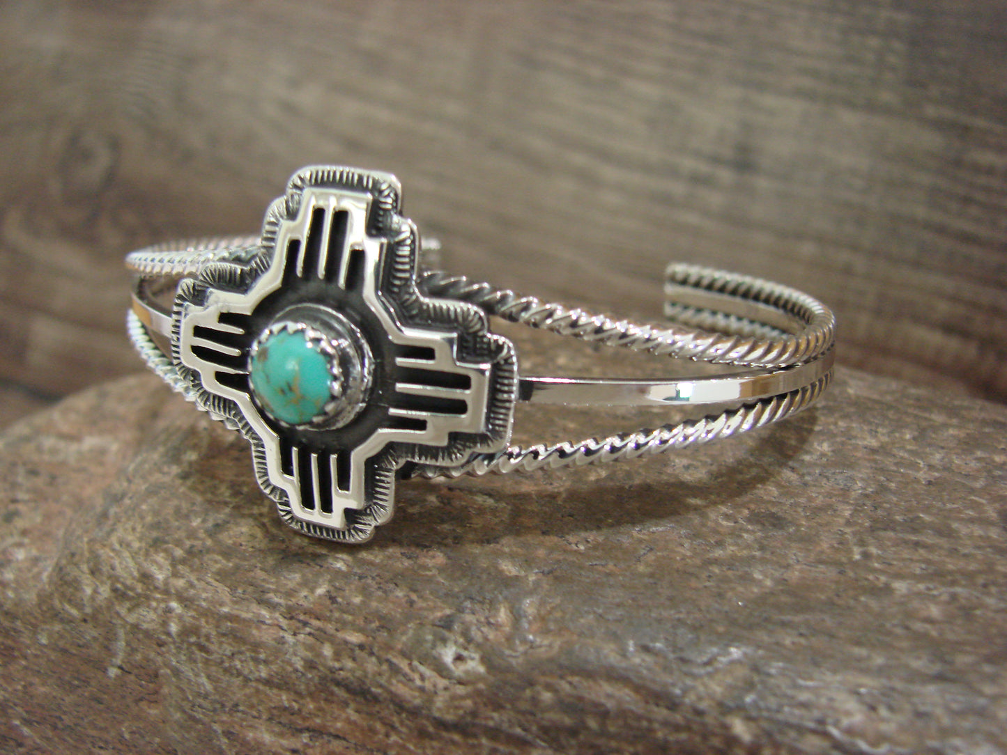 Native American Sterling Silver & Turquoise Zia Bracelet by Gordon