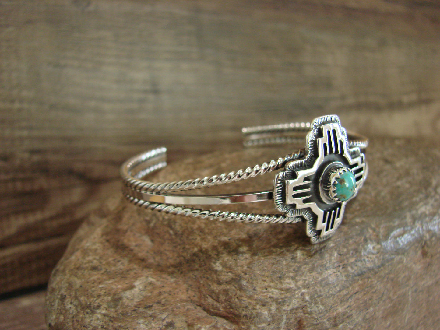 Native American Sterling Silver & Turquoise Zia Bracelet by Gordon
