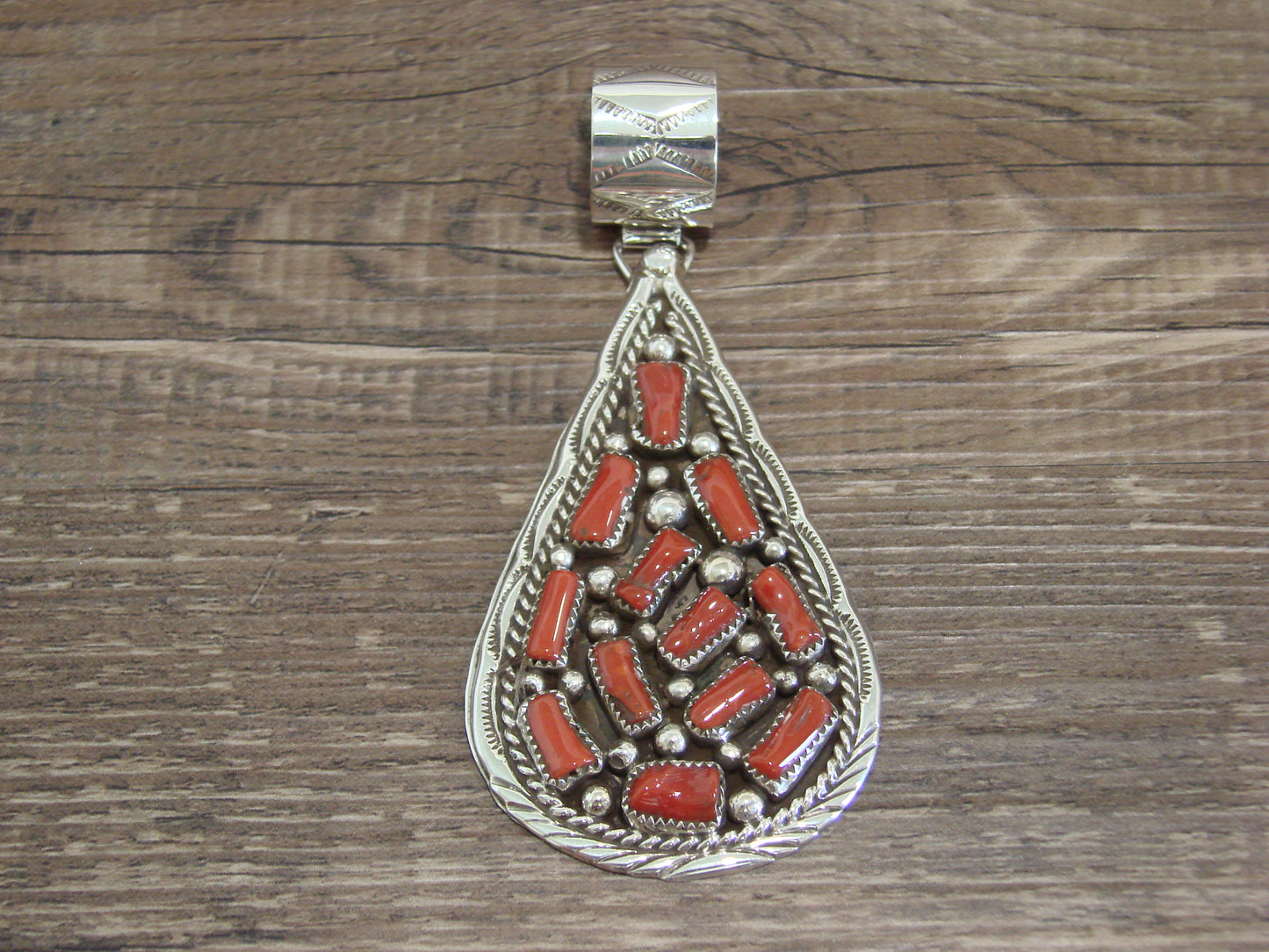 Native American Sterling Silver & Coral Cluster Pendant Signed Begay