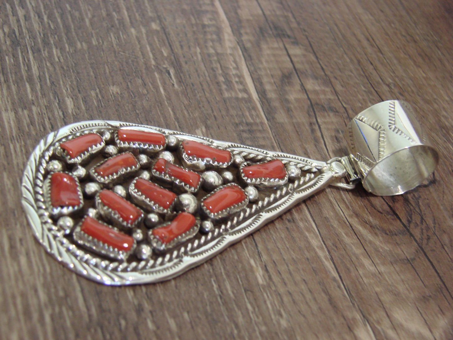 Native American Sterling Silver & Coral Cluster Pendant Signed Begay