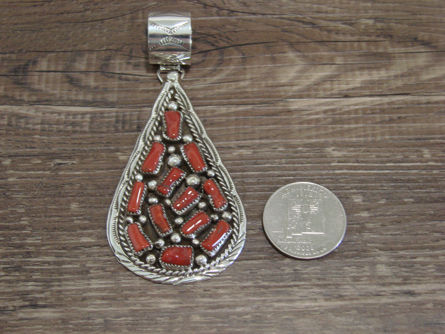Native American Sterling Silver & Coral Cluster Pendant Signed Begay