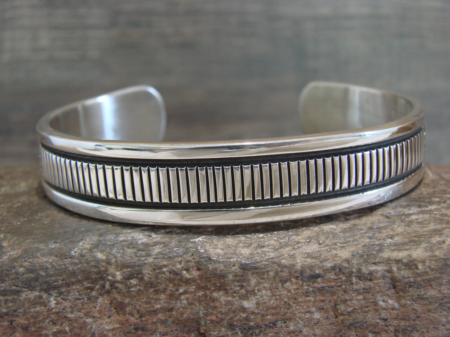 Native American Indian Hand Stamped Sterling Silver Bracelet Signed B Morgan