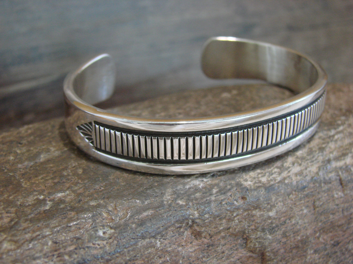 Native American Indian Hand Stamped Sterling Silver Bracelet Signed B Morgan