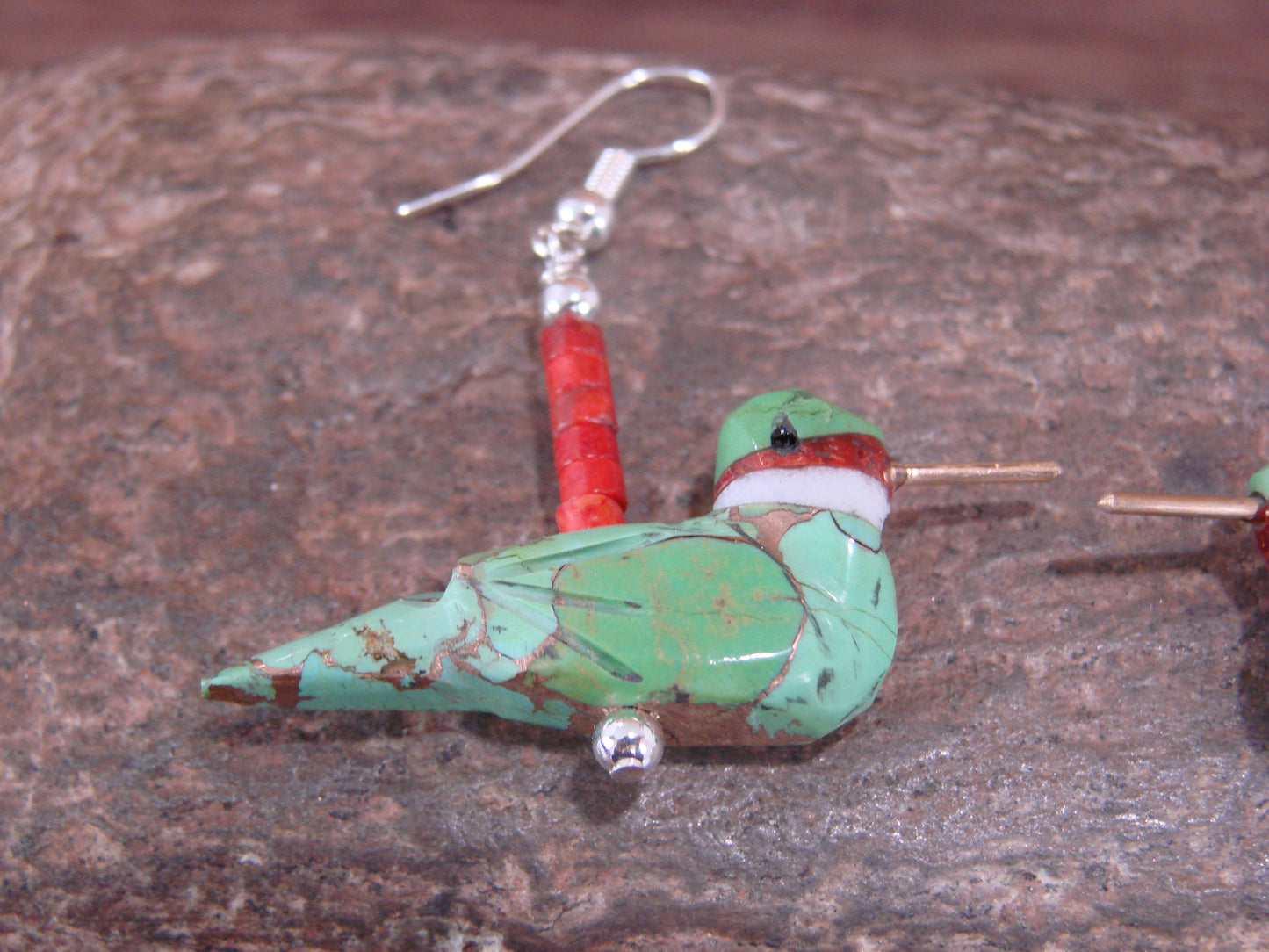 Hand Carved Bronze Infused Gaspeite Hummingbird Fetish Earrings by Matt Mitchell