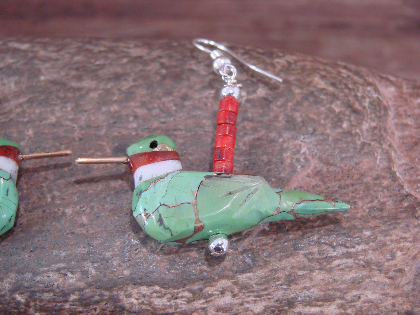 Hand Carved Bronze Infused Gaspeite Hummingbird Fetish Earrings by Matt Mitchell