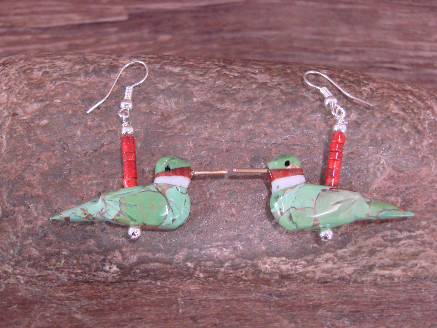 Hand Carved Bronze Infused Gaspeite Hummingbird Fetish Earrings by Matt Mitchell