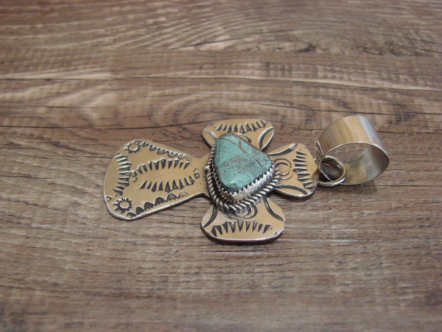 Navajo Nickel Silver & Turquoise Cross Pendant - Cleveland