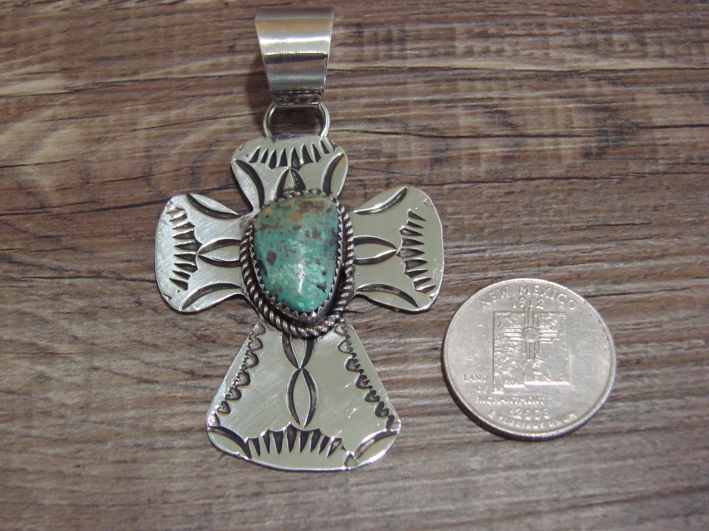 Navajo Nickel Silver & Turquoise Cross Pendant - Cleveland