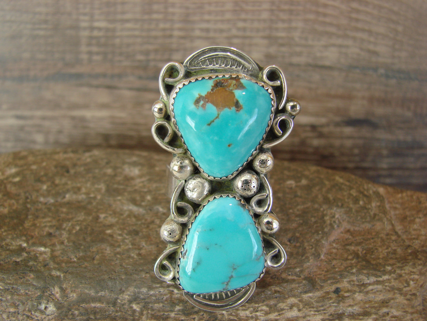 Navajo Sterling Silver Turquoise Adjustable Ring Size 9 to 11 by Cleveland