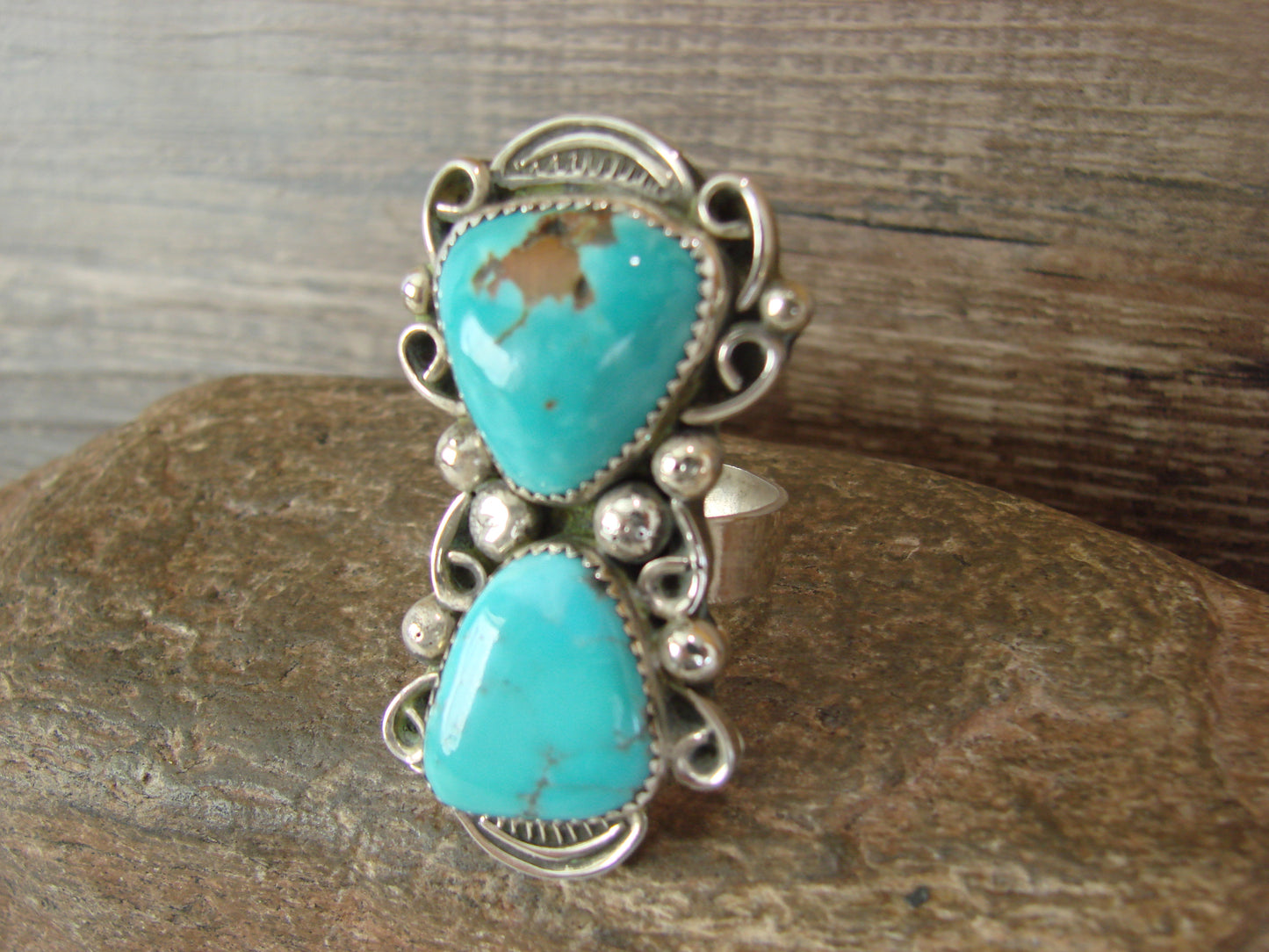 Navajo Sterling Silver Turquoise Adjustable Ring Size 9 to 11 by Cleveland