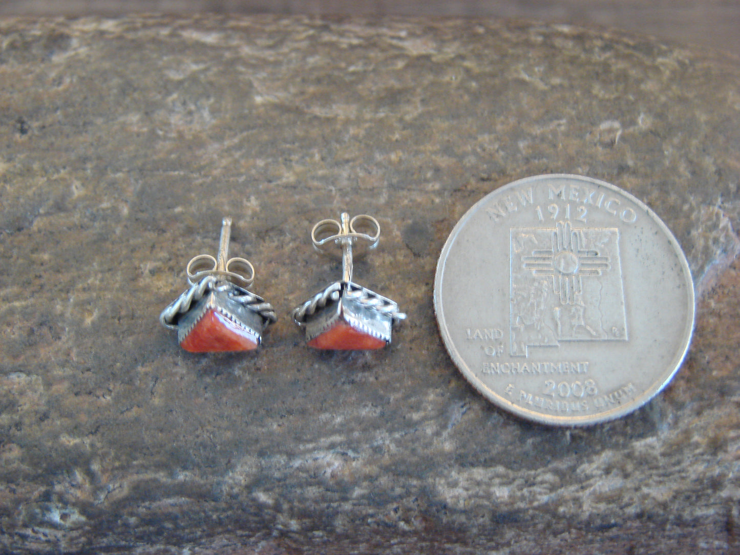 Zuni Indian Sterling Silver Triangular Spiny Oyster Post Earrings by Cachini