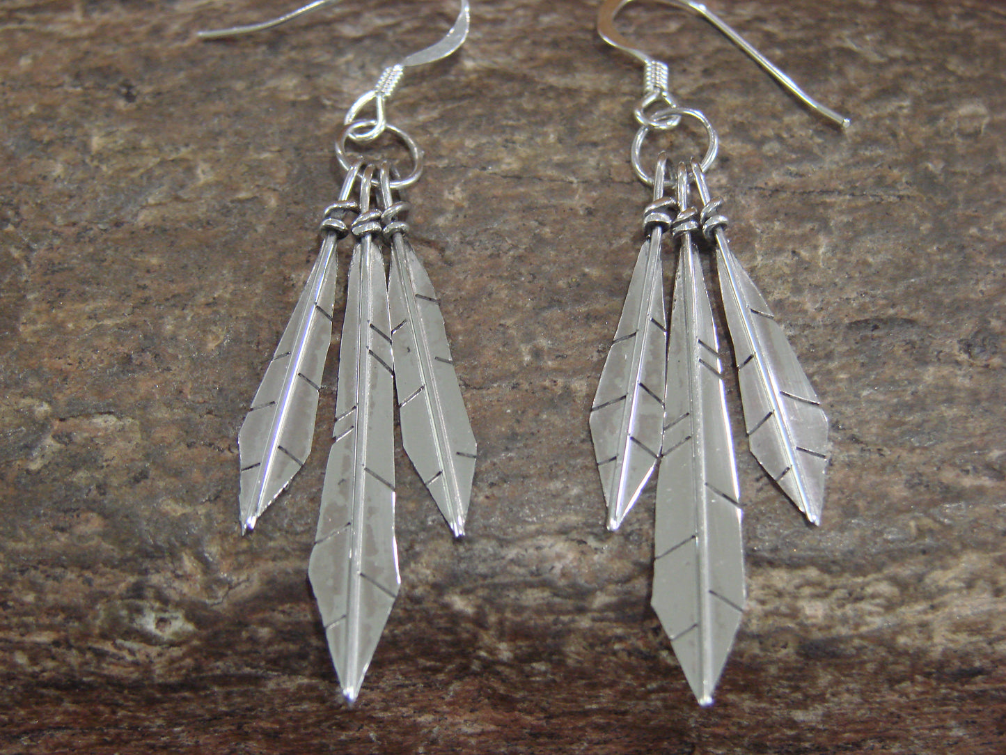 Navajo Indian Sterling Silver Feather Dangle Earrings by Arviso