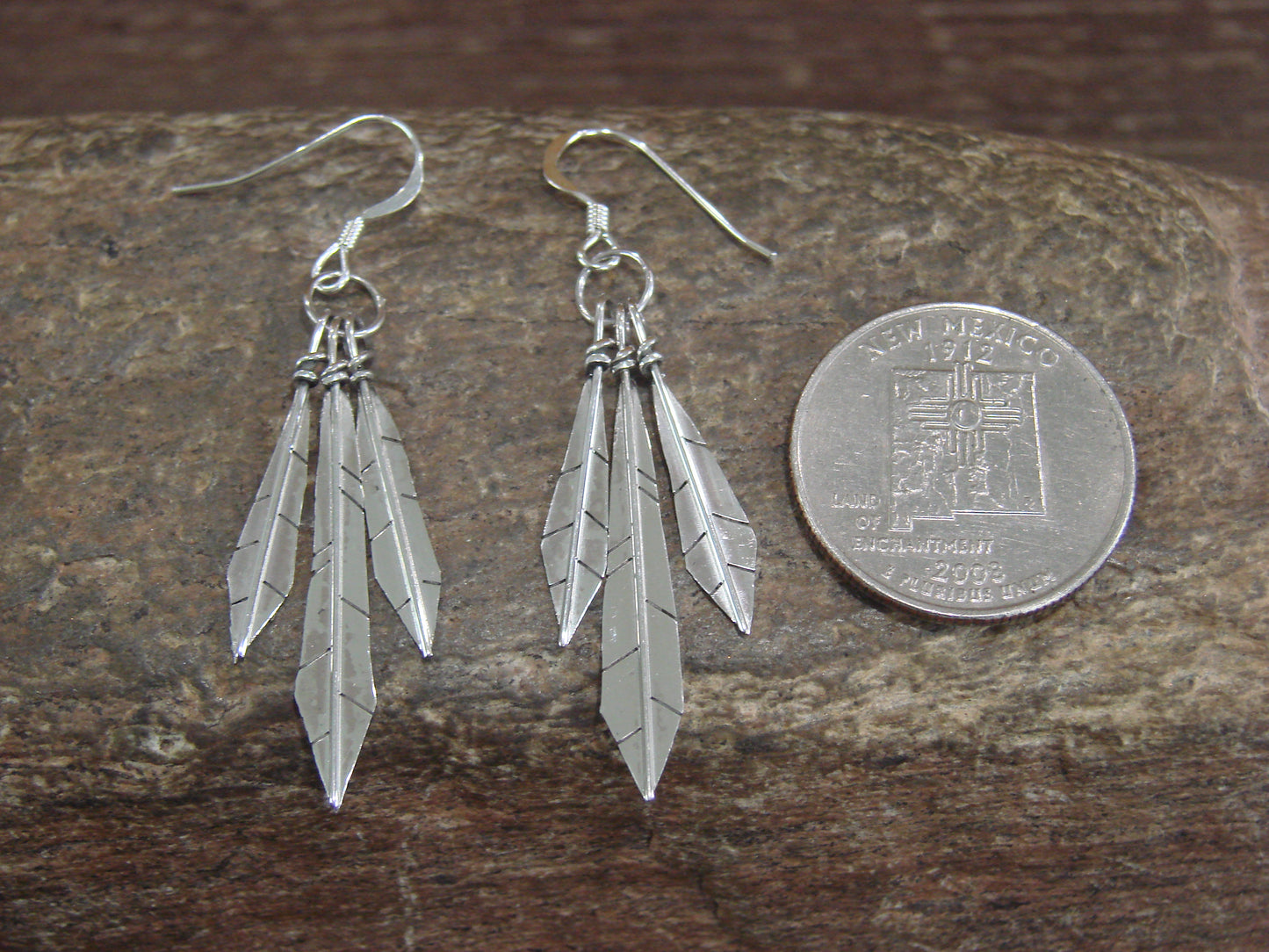 Navajo Indian Sterling Silver Feather Dangle Earrings by Arviso