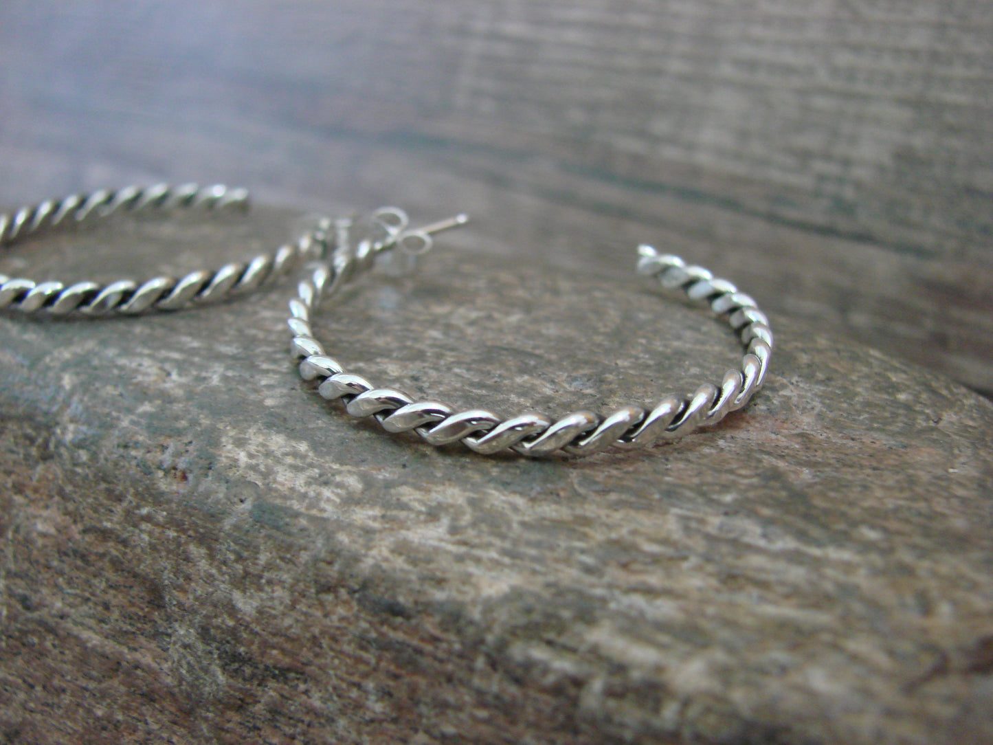 Navajo Indian Sterling Silver 1 1/4" Twisted Hoop Earrings by Tahe