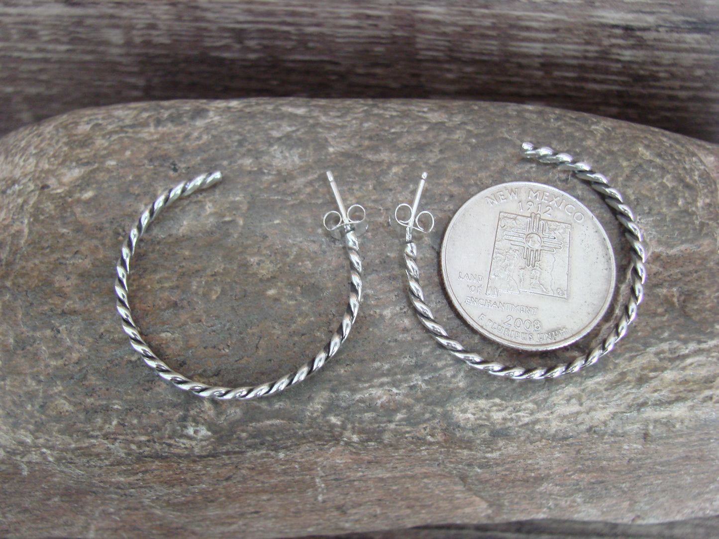 Navajo Indian Sterling Silver 1 1/4" Twisted Hoop Earrings by Tahe