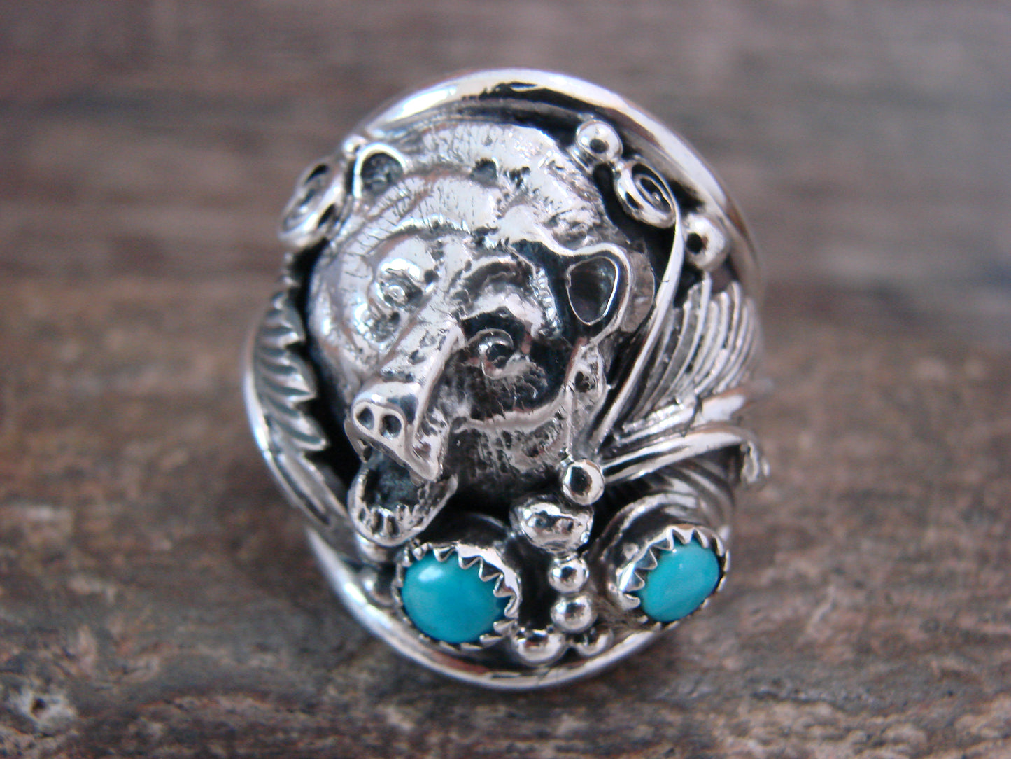 Navajo Sterling Silver Turquoise Growling Bear Ring - Saunders - Size 13