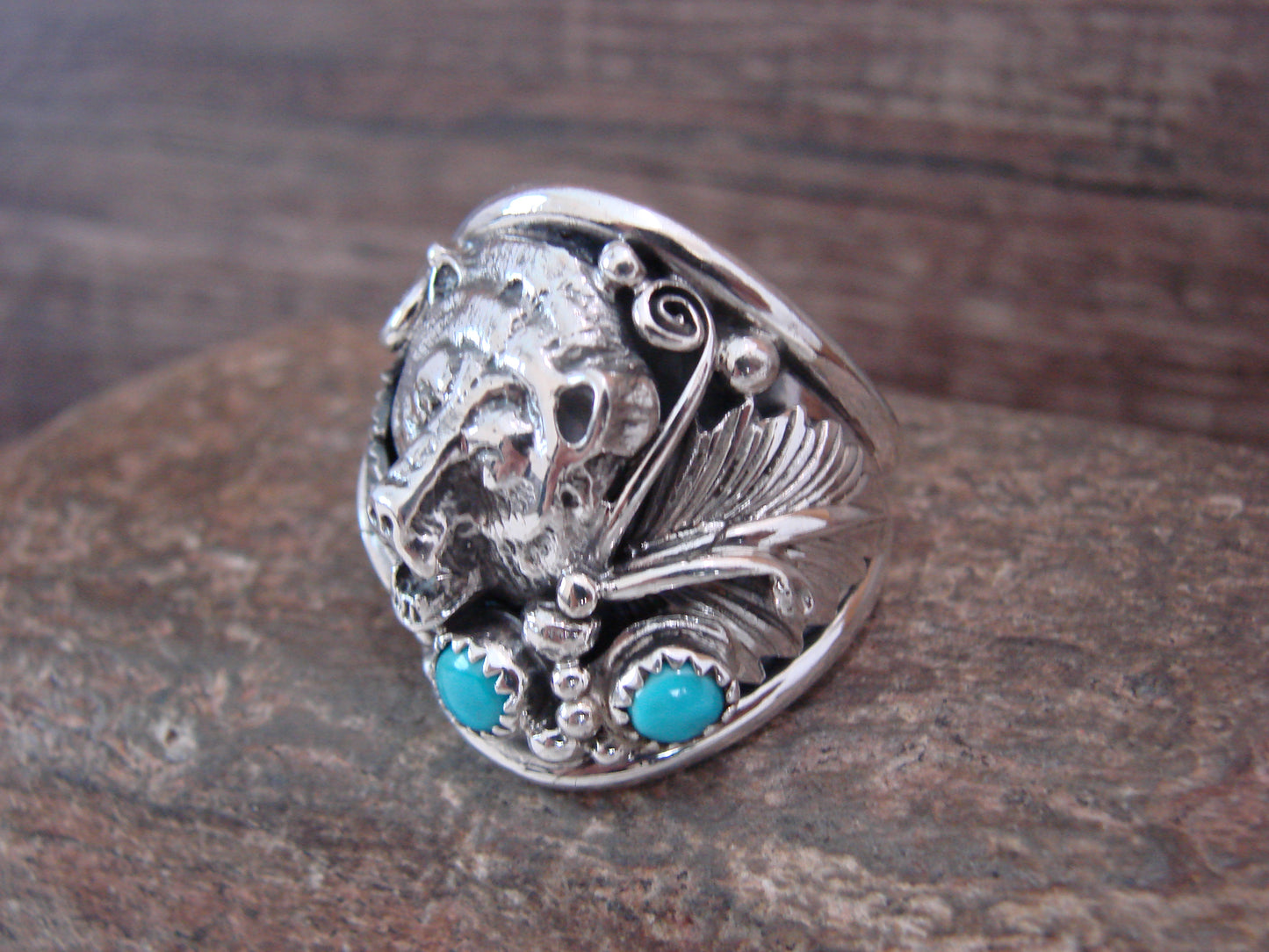 Navajo Sterling Silver Turquoise Growling Bear Ring - Saunders - Size 13