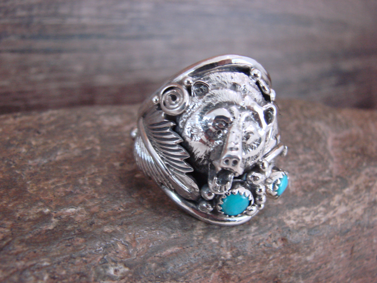 Navajo Sterling Silver Turquoise Growling Bear Ring - Saunders - Size 13