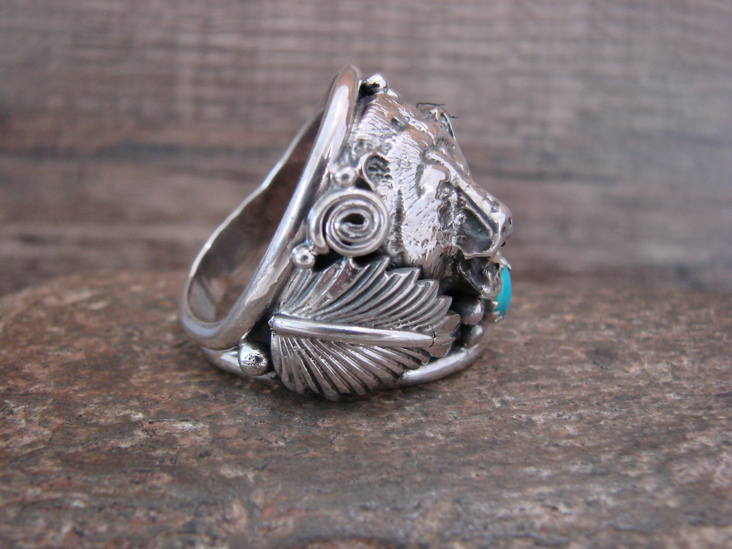 Navajo Sterling Silver Turquoise Growling Bear Ring - Saunders - Size 13