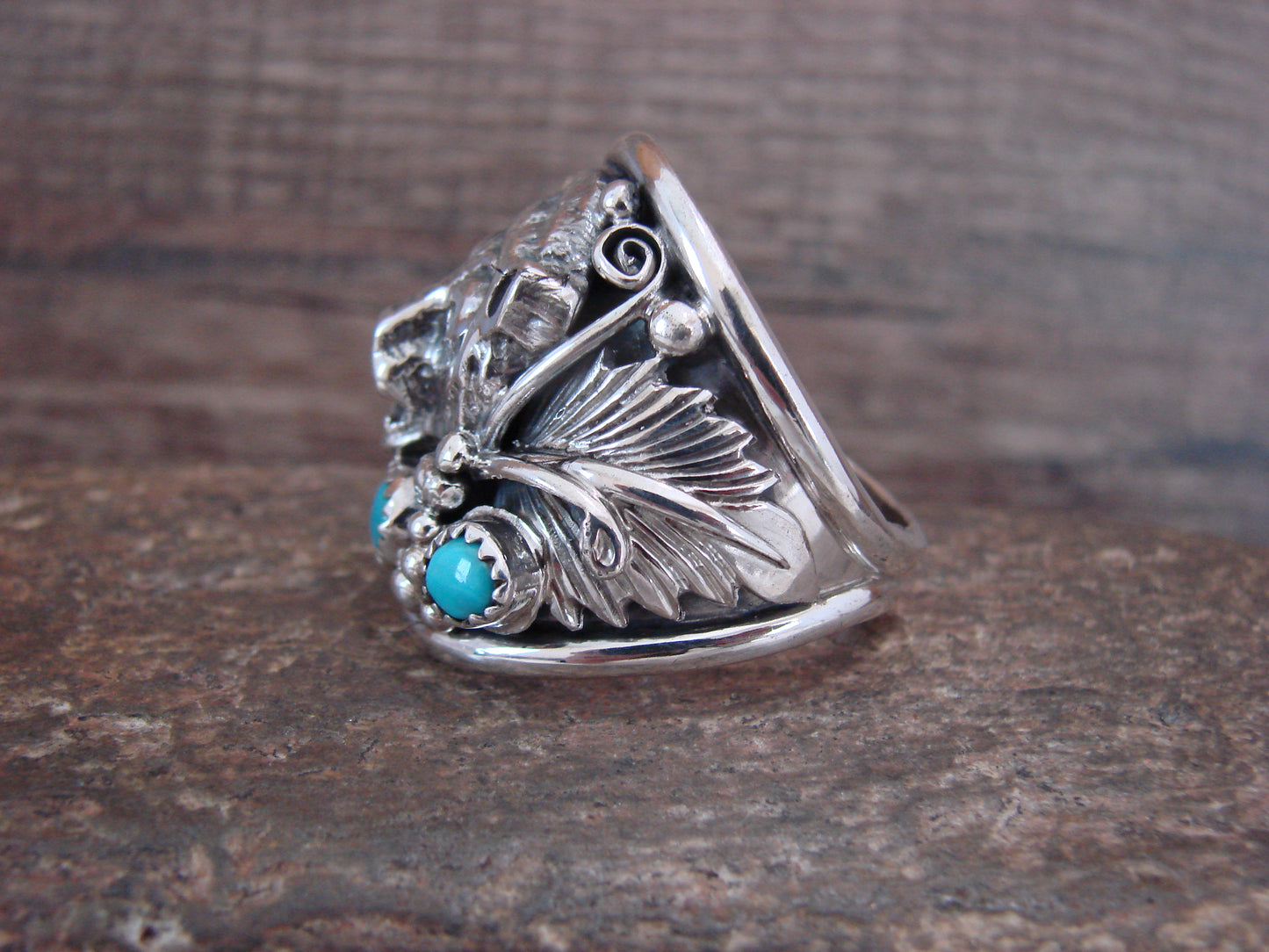Navajo Sterling Silver Turquoise Growling Bear Ring - Saunders - Size 13