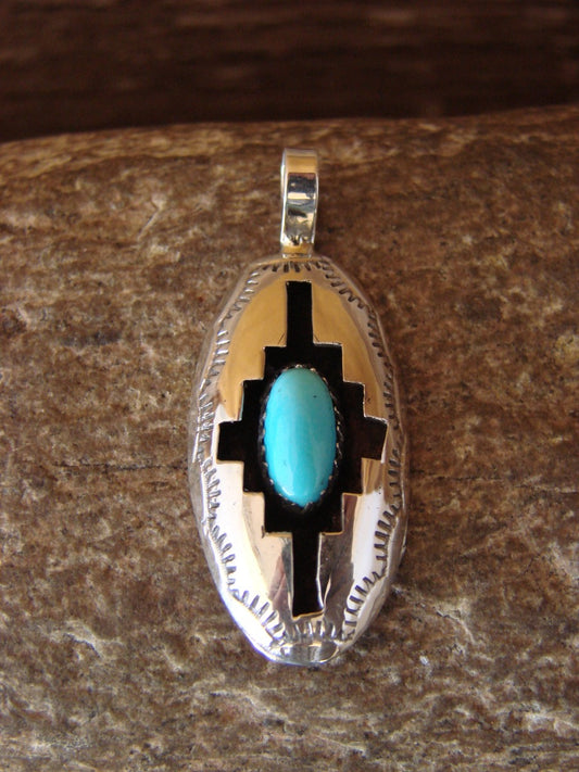 Native American Indian Sterling Silver & Turquoise Shadow Box Pendant - Perry