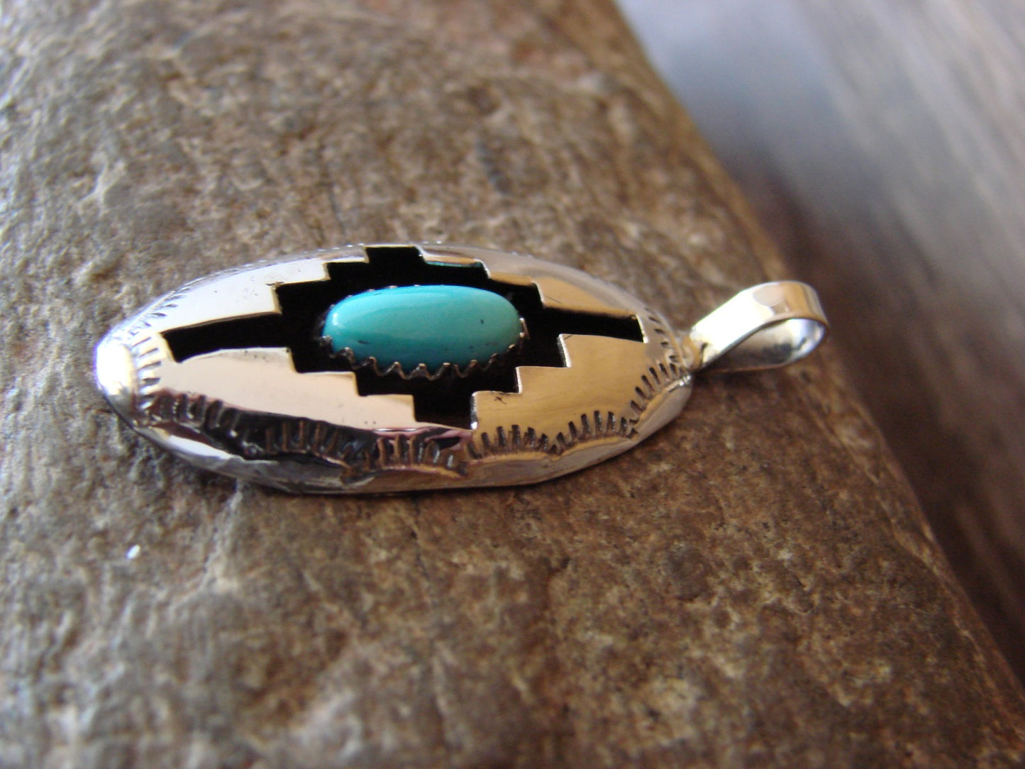 Native American Indian Sterling Silver & Turquoise Shadow Box Pendant - Perry